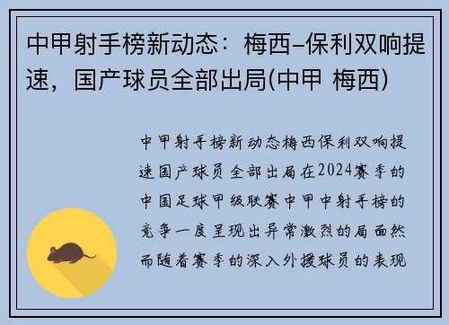 中甲射手榜新动态：梅西-保利双响提速，国产球员全部出局(中甲 梅西)