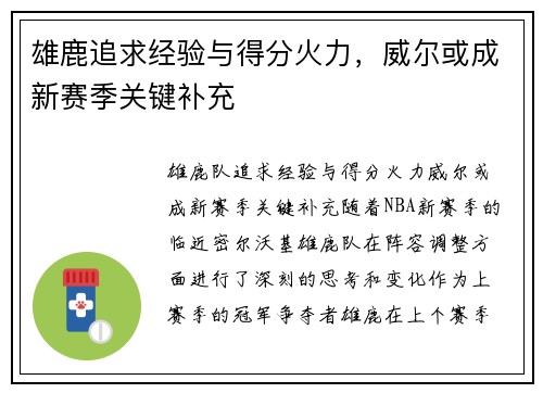 雄鹿追求经验与得分火力，威尔或成新赛季关键补充